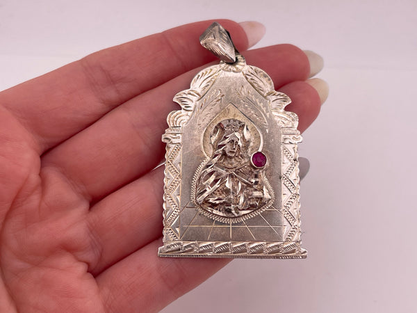 sterling silver St. Mary lab ruby pendant ***Chipped Stone***