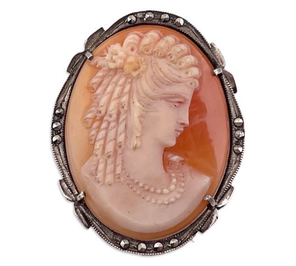 800 silver cameo carved shell woman profile marcasite pendant brooch