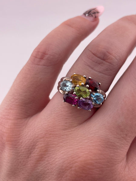 size 7.25 sterling silver faceted colorful multi-gemstone ring