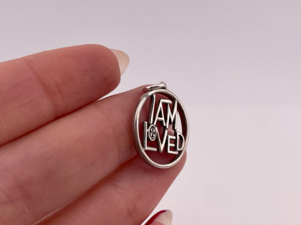 sterling silver 'I AM LOVED' rhinestone round pendant