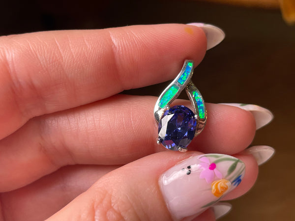sterling silver rhodium plated faceted amethyst lab opal pendant