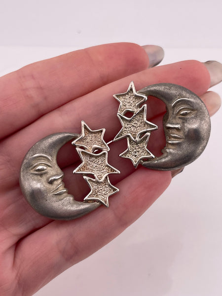 sterling silver man in the crescent moon stars matte finish clip-on earrings