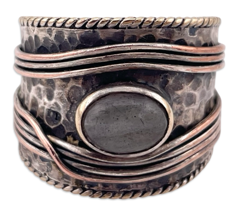 size 8.5 sterling silver, copper, brass labradorite textured wide band ring