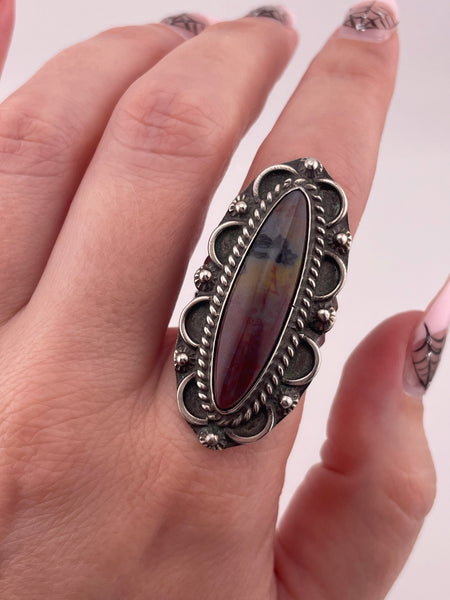 size 8.25 sterling silver long petrified wood ring