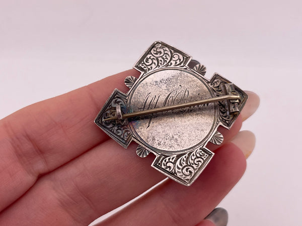 sterling silver antique 1894 'Excellence' engraved pin brooch