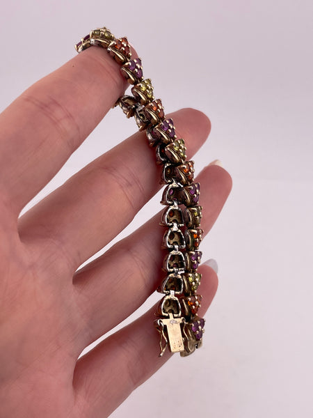 sterling silver gold plated 7 1/4" faceted multi-gemstone link bracelet