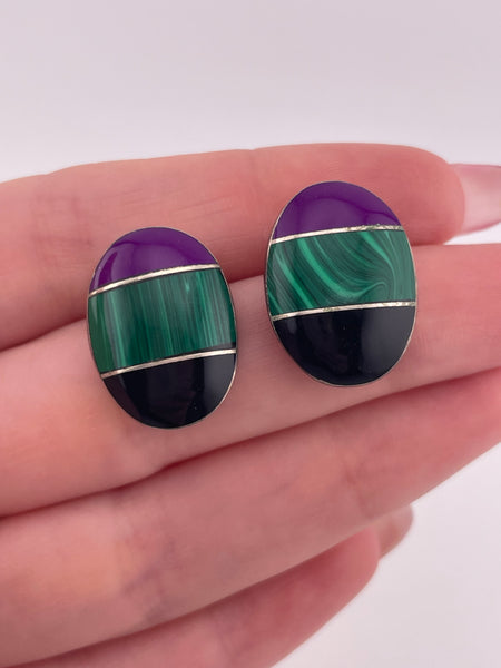 sterling silver malachite onyx synthetic purple stone post earrings