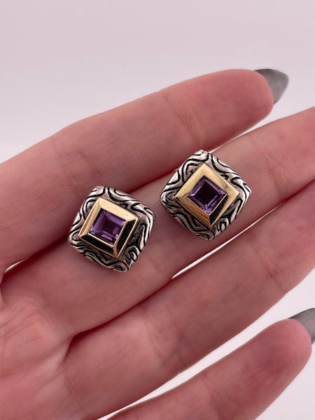 sterling silver & 14k gold faceted amethyst post earrings