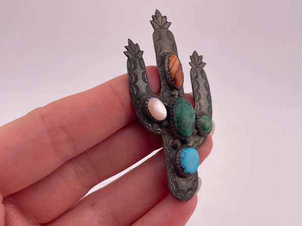sterling silver multi-stone stamped cactus pendant brooch