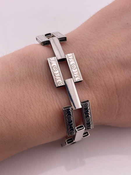sterling silver stoneless Art Deco floral flower rectangle link bracelet