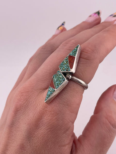 size 7.5 sterling silver 1-5/8" crushed turquoise coral ring