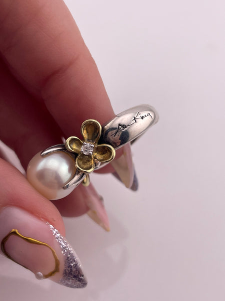 size 5 sterling silver & 18k gold Ann King gold pearl white topaz flower ring