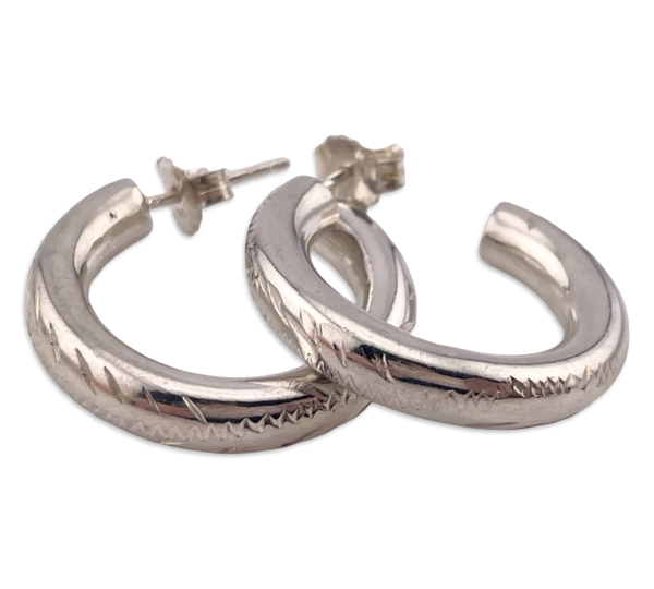 sterling silver 1" etched tube partial hoop post earrings