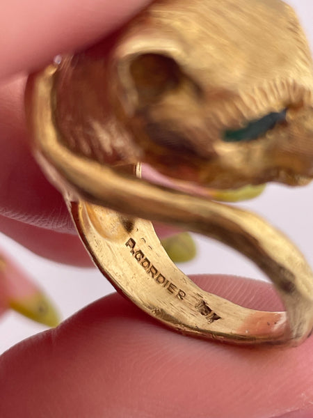 size 6.75 18k gold vintage P. Cordier emerald cat panther ring