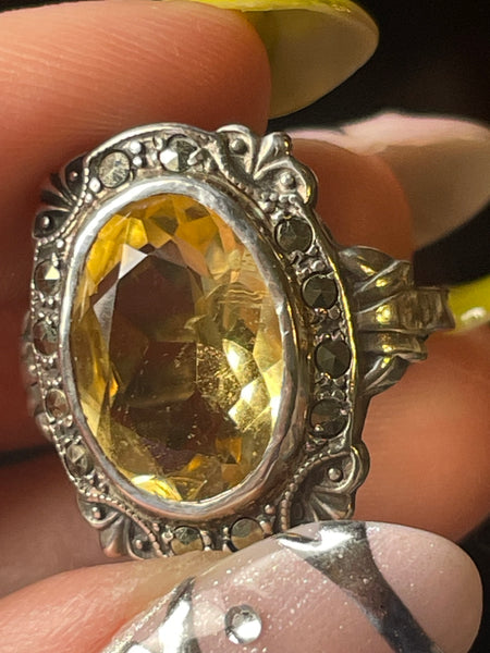 size 6.25 sterling silver Art Deco Uncas faceted citrine & marcasite ring *READ DESCRIPTION*