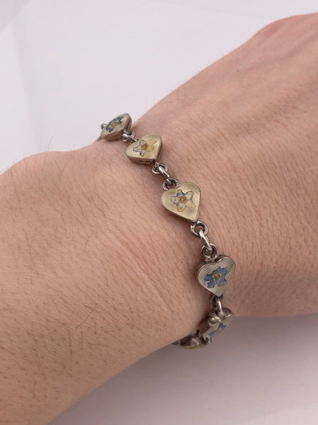 sterling silver 7-1/4" heart shape flowers in resin link bracelet