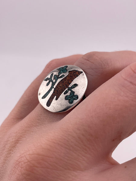 size 6.5 sterling silver crushed turquoise coral cardinal bird ring