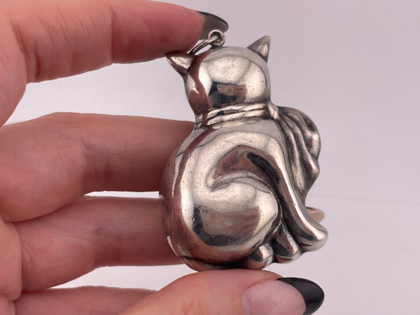 sterling silver large 3D puffy cat pendant