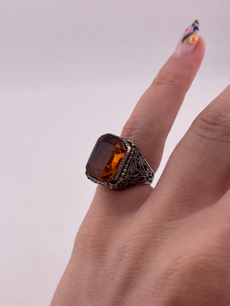 size 3.75 sterling silver faceted orange glass faux pearl ring ***AS IS***