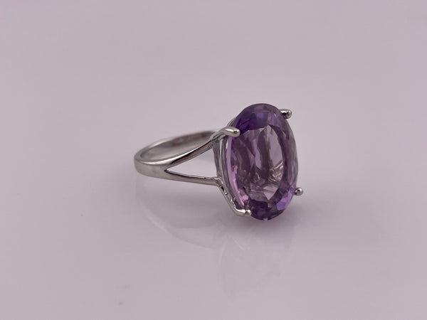 size 9.25 rhodium plated sterling silver large faceted amethyst ring