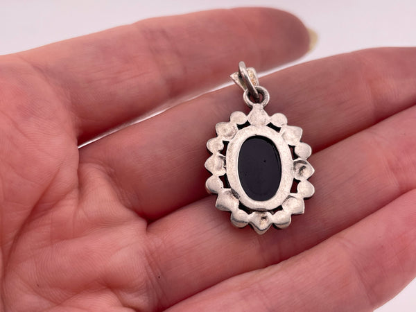 sterling silver onyx faux shell cameo marcasite pendant