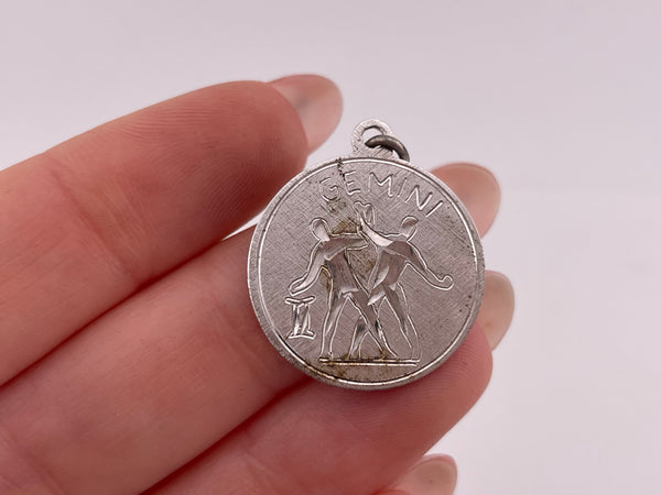 sterling silver etched Gemini zodiac pendant