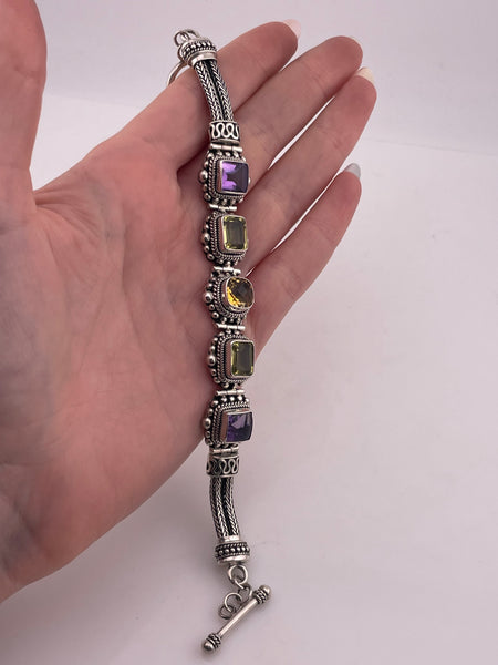 sterling silver 7-1/2" faceted multi-stone wheat chain link bracelet