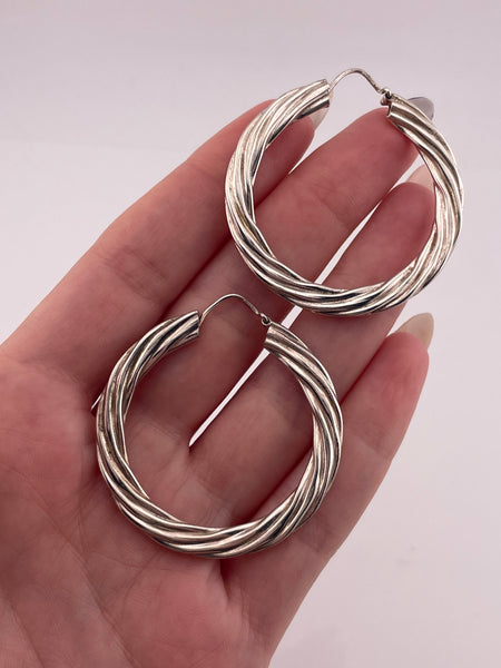 sterling silver 1-5/8" flattened cable hoop earrings