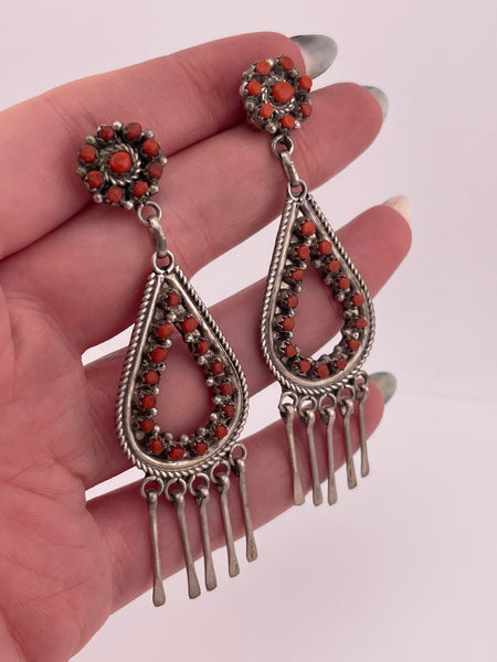 sterling silver Zuni signed DC coral snake eye cluster post dangle earrings