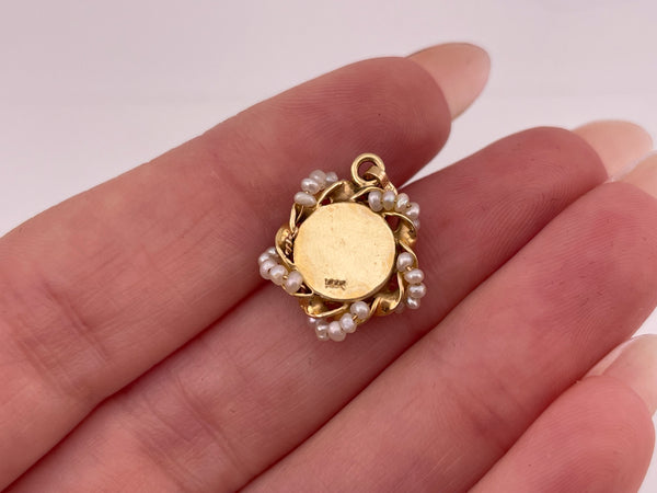 14k yellow gold seed pearl woman portrait pendant