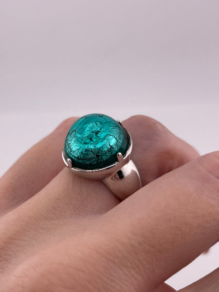 size 5.5-6.5 adjustable sterling silver blue dichoric glass ring