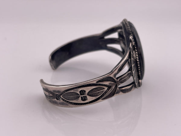sterling or coin silver Fred Harvey era petrified wood cuff bracelet
