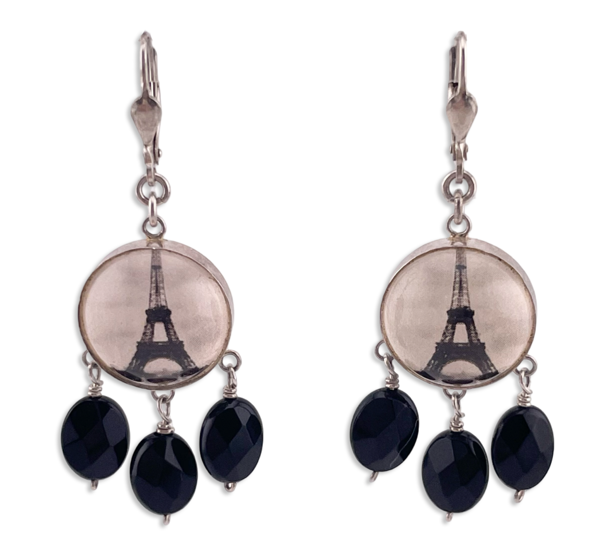 sterling silver Eiffel Tower facted plastic bead hook dangle earrings