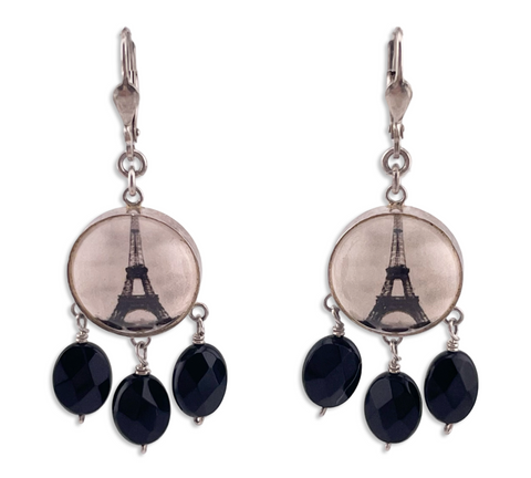 sterling silver Eiffel Tower facted plastic bead hook dangle earrings