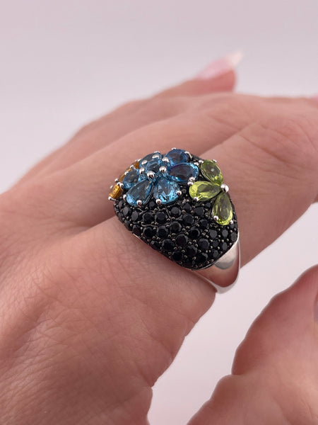 size 9.25 sterling silver multi-gemstone flower ring