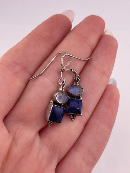 sterling silver lapis & rainbow moonstone dangle earrings