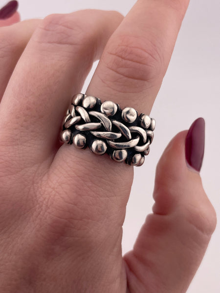size 8.75 sterling silver chunky stoneless Mexican wide band chain ball ring