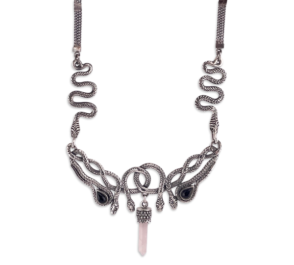 sterling silver 20" entwined snake onyx rose quartz crystal point necklace