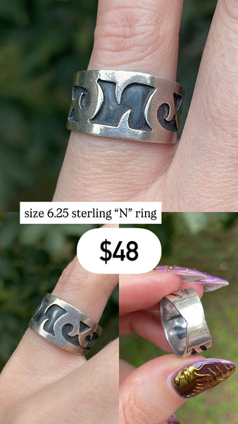 RESERVED PRIVATE LISTING -- sterling silver 'N' ring A22