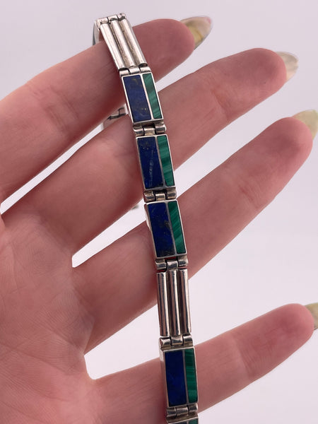 930 silver malachite & lapis link bracelet