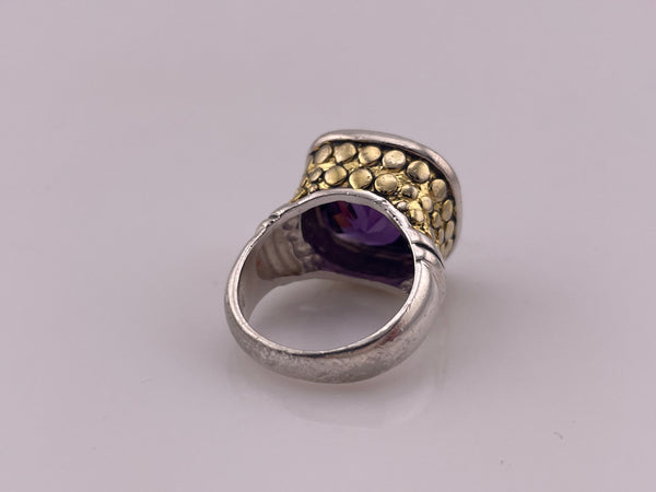 size 5.75 rhodium plated sterling silver & gold wash chunky faceted purple glass ring
