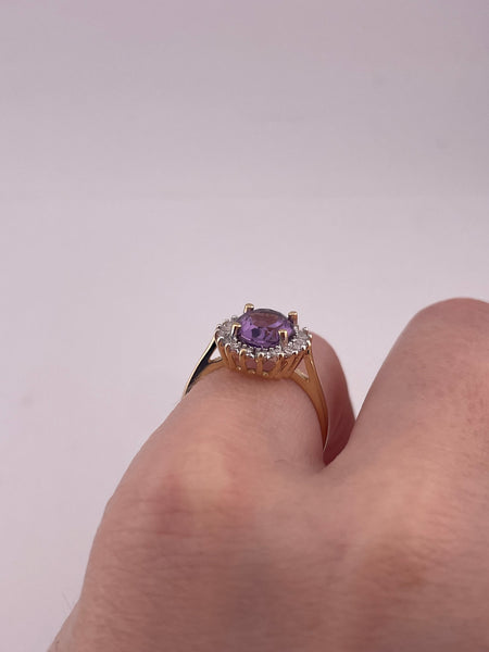 size 5.5 14k yellow gold faceted amethyst & diamond halo ring
