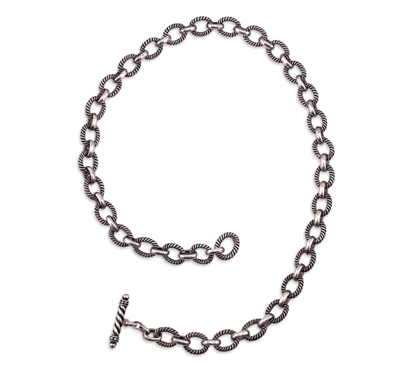 sterling silver 18" heavy textured circle chain link toggle clasp necklace