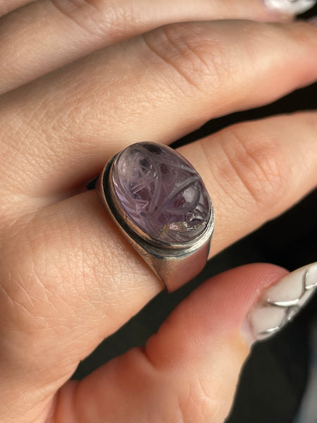 size 9.5 sterling silver Janiye Miye Matsukata carved amethyst scarab beetle ring **AS IS**
