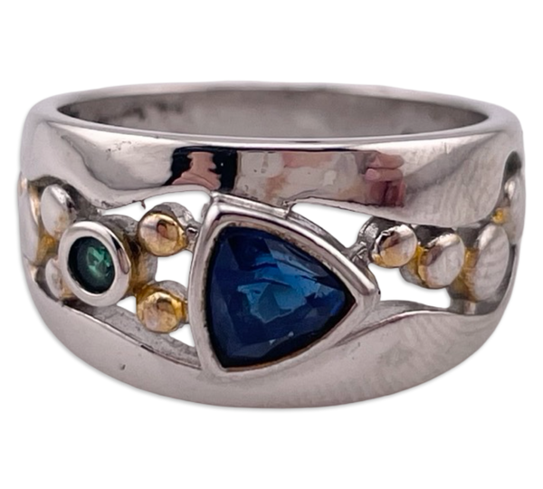 size 6.75 sterling silver gold wash faceted blue green glass ring