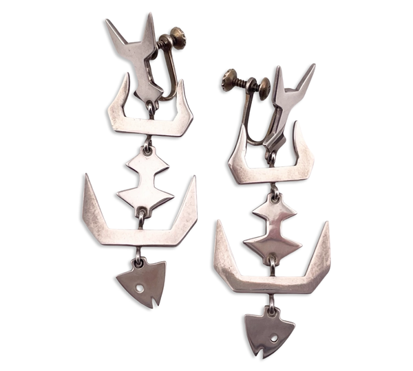 sterling silver 2-3/8" Taxco Mexico fishbone screw-back earrings ***Non-Sterling Screw-Backs***