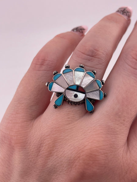 size 8 sterling silver Zuni sunface multi-stone inlay ring