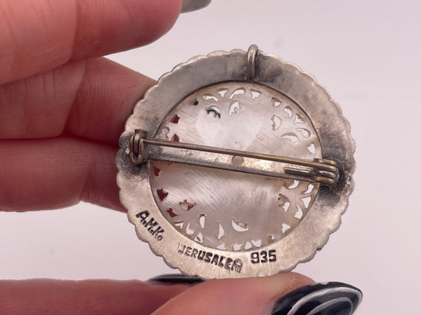 sterling silver carved synthetic mother of pearl pendant brooch