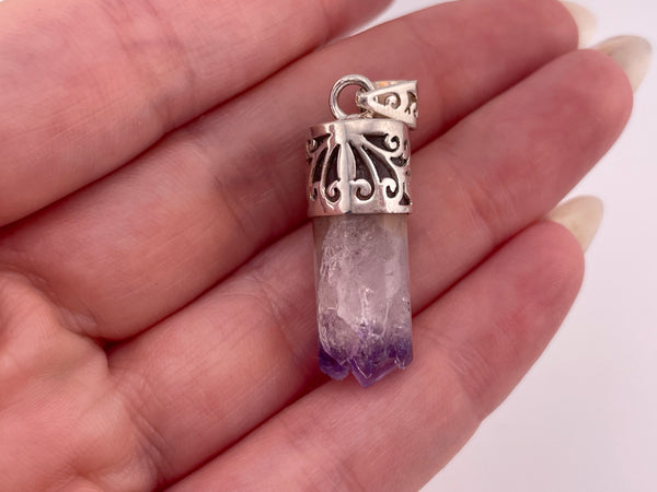 sterling silver raw amethyst cylinder pendant