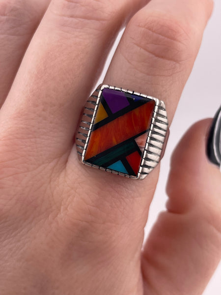size 11 sterling silver multi-stone inlay ring